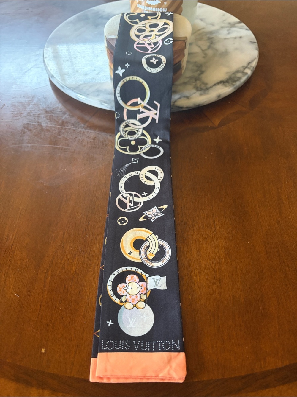 Louis Vuitton Black Silk Twilly with orange Edge and Multicolor Motifs